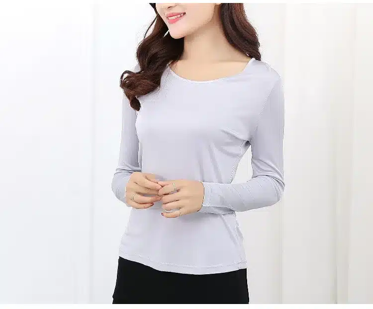 100% Pure Silk Women's T-shirts Femme Long Sleeve Casual Tees T Shirt Tops Female O-Neck Women T-shirt For Woman Candy 7 Colors 15