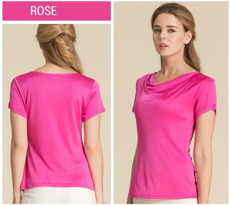 100% Pure Silk Women's T-Shirts Women Cowl Collar Wild Shirts Femme Short Sleeve Tops Woman Casual Tee Shirt Female T Shirts 10