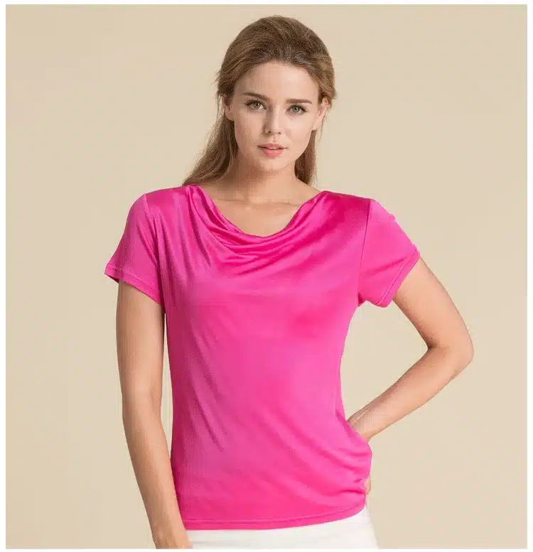 100% Pure Silk Women's T-Shirts Women Cowl Collar Wild Shirts Femme Short Sleeve Tops Woman Casual Tee Shirt Female T Shirts 11