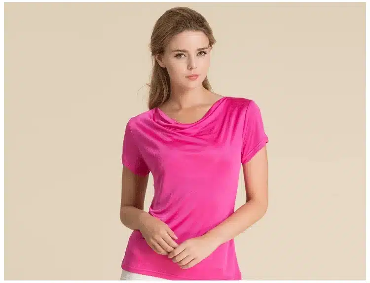 100% Pure Silk Women's T-Shirts Women Cowl Collar Wild Shirts Femme Short Sleeve Tops Woman Casual Tee Shirt Female T Shirts 12