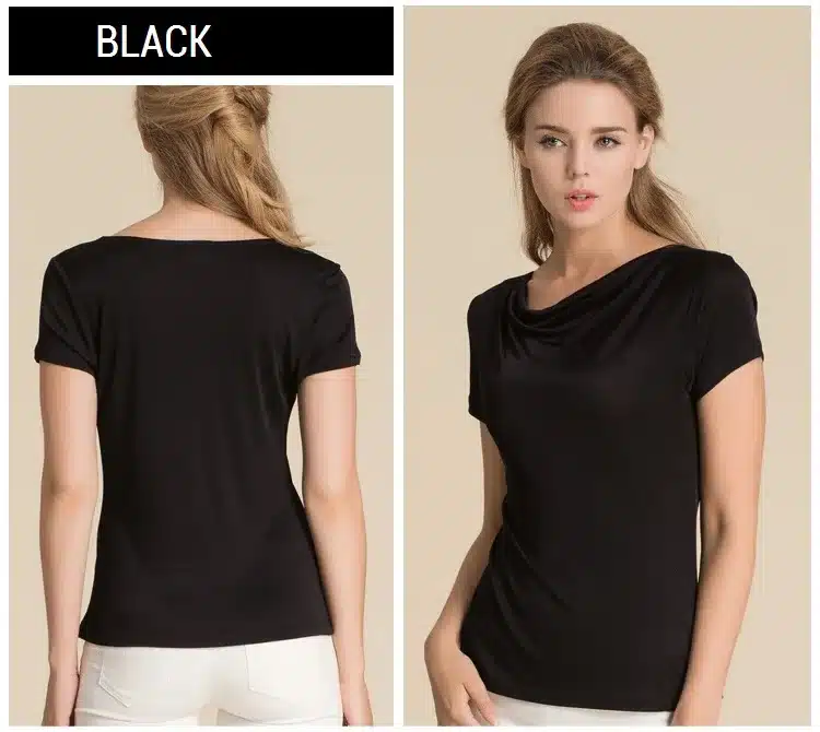 100% Pure Silk Women's T-Shirts Women Cowl Collar Wild Shirts Femme Short Sleeve Tops Woman Casual Tee Shirt Female T Shirts 13