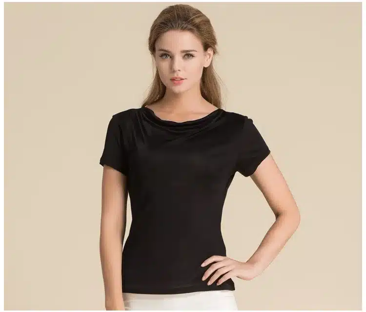100% Pure Silk Women's T-Shirts Women Cowl Collar Wild Shirts Femme Short Sleeve Tops Woman Casual Tee Shirt Female T Shirts 15