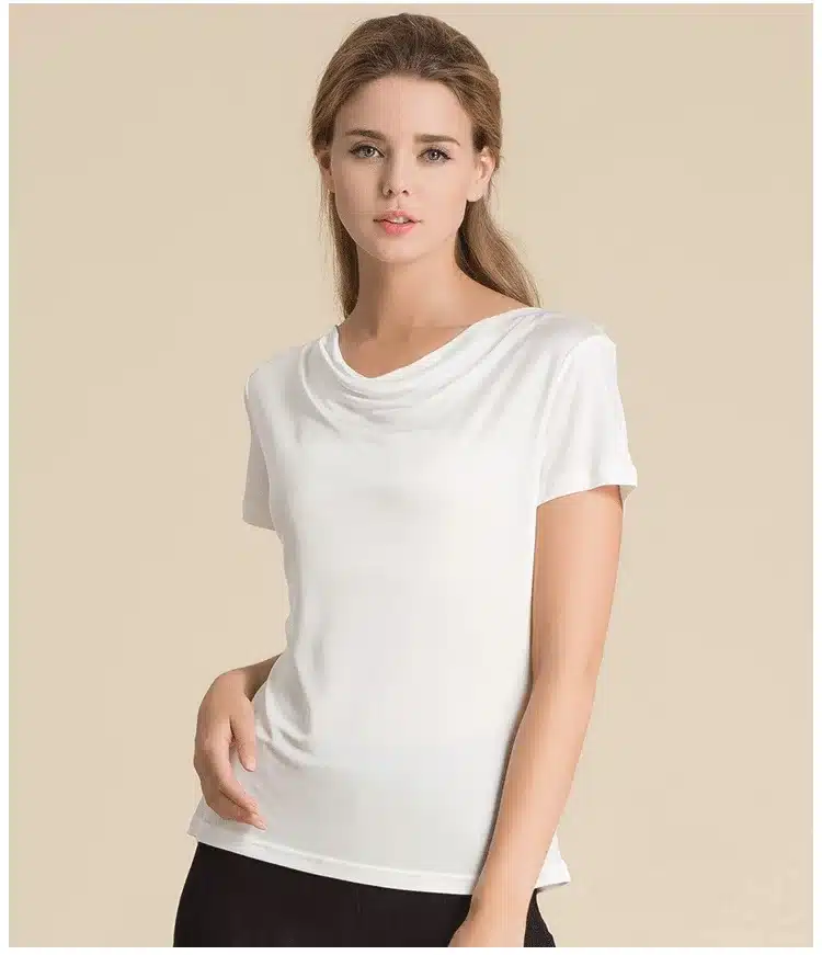 100% Pure Silk Women's T-Shirts Women Cowl Collar Wild Shirts Femme Short Sleeve Tops Woman Casual Tee Shirt Female T Shirts 17