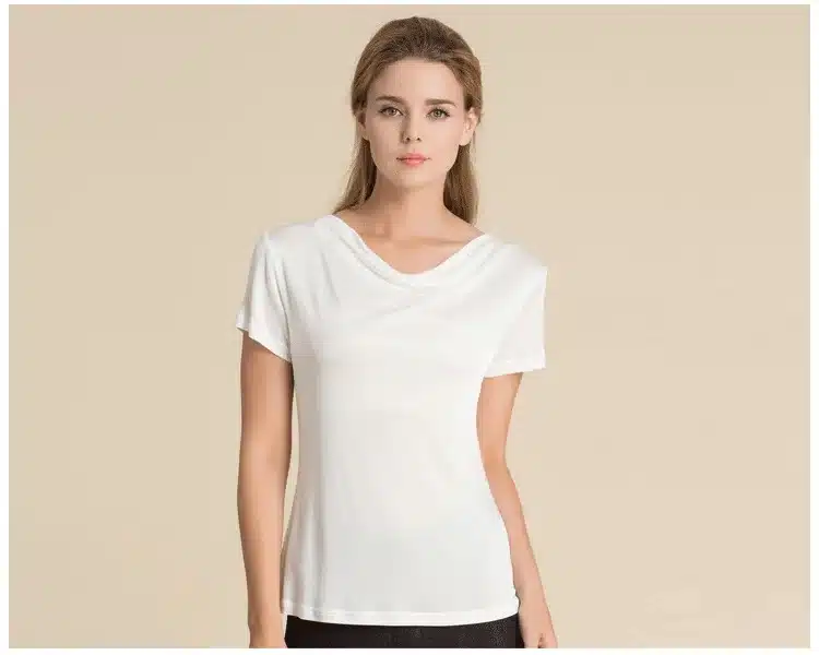 100% Pure Silk Women's T-Shirts Women Cowl Collar Wild Shirts Femme Short Sleeve Tops Woman Casual Tee Shirt Female T Shirts 18
