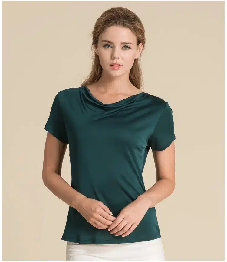100% Pure Silk Women's T-Shirts Women Cowl Collar Wild Shirts Femme Short Sleeve Tops Woman Casual Tee Shirt Female T Shirts 20