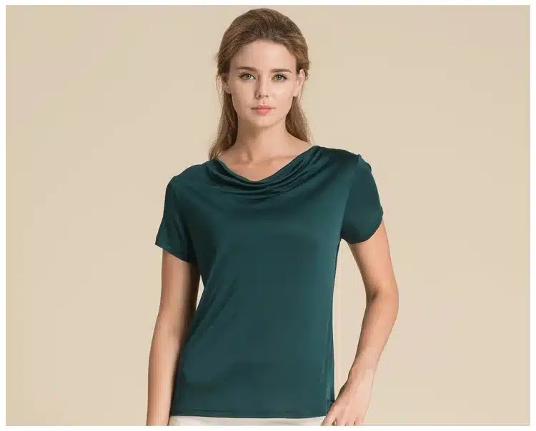 100% Pure Silk Women's T-Shirts Women Cowl Collar Wild Shirts Femme Short Sleeve Tops Woman Casual Tee Shirt Female T Shirts 21
