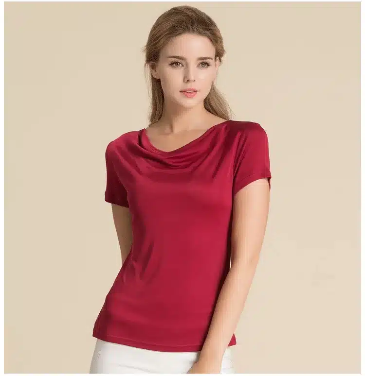 100% Pure Silk Women's T-Shirts Women Cowl Collar Wild Shirts Femme Short Sleeve Tops Woman Casual Tee Shirt Female T Shirts 23