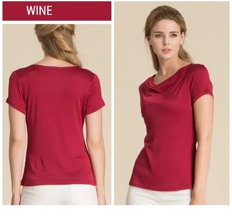 100% Pure Silk Women's T-Shirts Women Cowl Collar Wild Shirts Femme Short Sleeve Tops Woman Casual Tee Shirt Female T Shirts 22