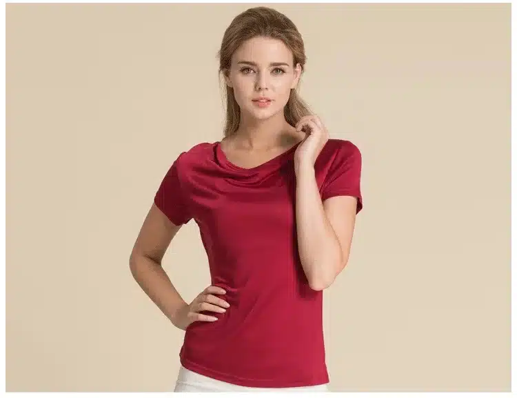 100% Pure Silk Women's T-Shirts Women Cowl Collar Wild Shirts Femme Short Sleeve Tops Woman Casual Tee Shirt Female T Shirts 24