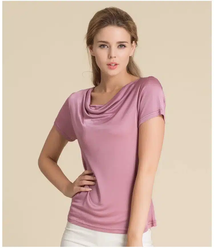 100% Pure Silk Women's T-Shirts Women Cowl Collar Wild Shirts Femme Short Sleeve Tops Woman Casual Tee Shirt Female T Shirts 26