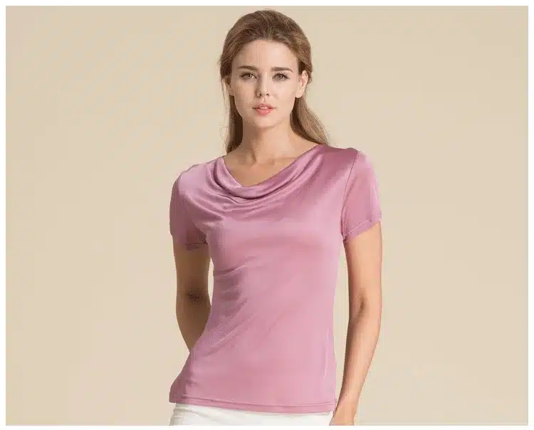 100% Pure Silk Women's T-Shirts Women Cowl Collar Wild Shirts Femme Short Sleeve Tops Woman Casual Tee Shirt Female T Shirts 27