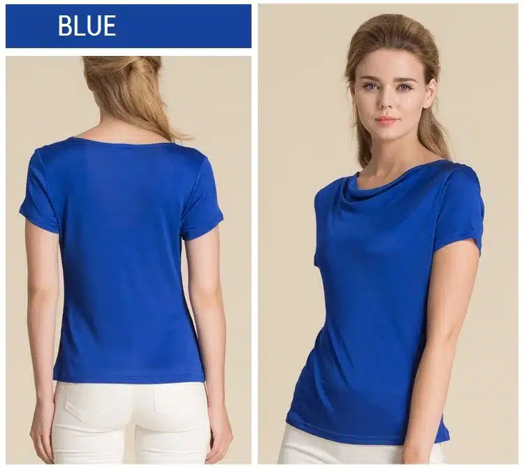100% Pure Silk Women's T-Shirts Women Cowl Collar Wild Shirts Femme Short Sleeve Tops Woman Casual Tee Shirt Female T Shirts 28