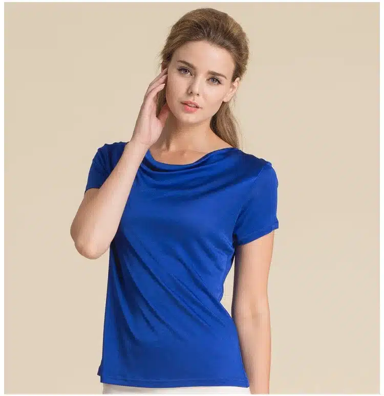 100% Pure Silk Women's T-Shirts Women Cowl Collar Wild Shirts Femme Short Sleeve Tops Woman Casual Tee Shirt Female T Shirts 29