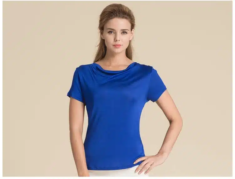 100% Pure Silk Women's T-Shirts Women Cowl Collar Wild Shirts Femme Short Sleeve Tops Woman Casual Tee Shirt Female T Shirts 30
