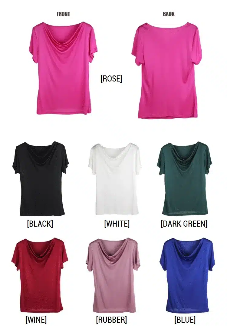 100% Pure Silk Women's T-Shirts Women Cowl Collar Wild Shirts Femme Short Sleeve Tops Woman Casual Tee Shirt Female T Shirts 31