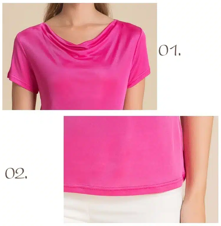 100% Pure Silk Women's T-Shirts Women Cowl Collar Wild Shirts Femme Short Sleeve Tops Woman Casual Tee Shirt Female T Shirts 32