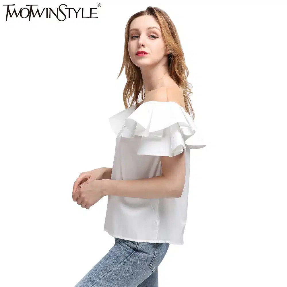 TWOTWINSTYLE 2017 Summer Women Ruffles Short Sleeves Tops T Shirt Sexy Transparent Tulle Slash Neck Tee Female Clothes Korean 16