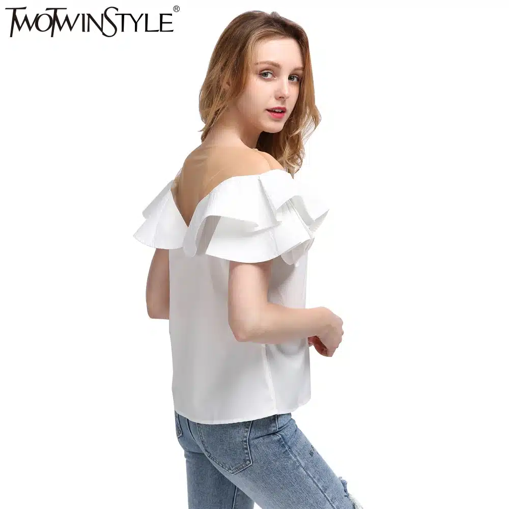 TWOTWINSTYLE 2017 Summer Women Ruffles Short Sleeves Tops T Shirt Sexy Transparent Tulle Slash Neck Tee Female Clothes Korean 17