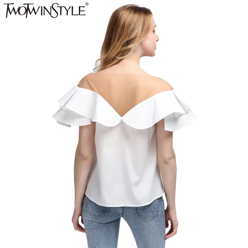 TWOTWINSTYLE 2017 Summer Women Ruffles Short Sleeves Tops T Shirt Sexy Transparent Tulle Slash Neck Tee Female Clothes Korean 18