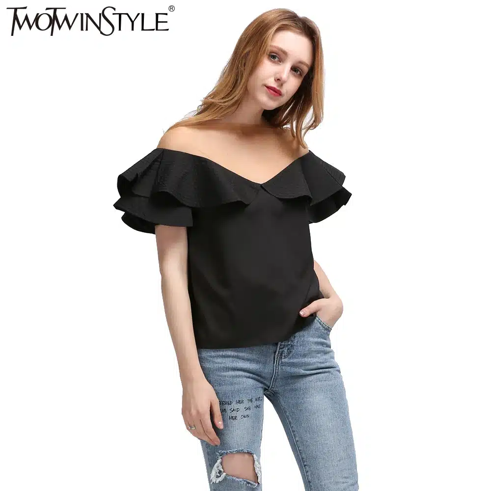 TWOTWINSTYLE 2017 Summer Women Ruffles Short Sleeves Tops T Shirt Sexy Transparent Tulle Slash Neck Tee Female Clothes Korean 19