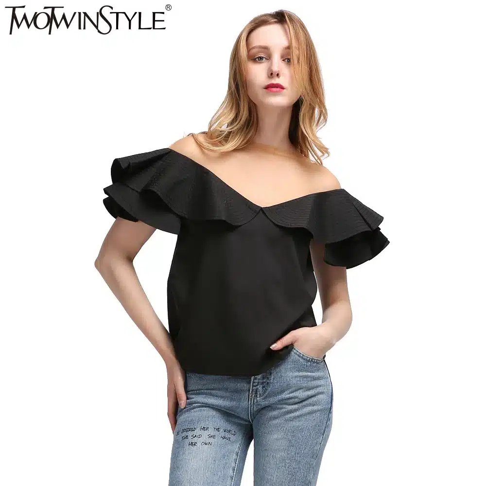 TWOTWINSTYLE 2017 Summer Women Ruffles Short Sleeves Tops T Shirt Sexy Transparent Tulle Slash Neck Tee Female Clothes Korean 20