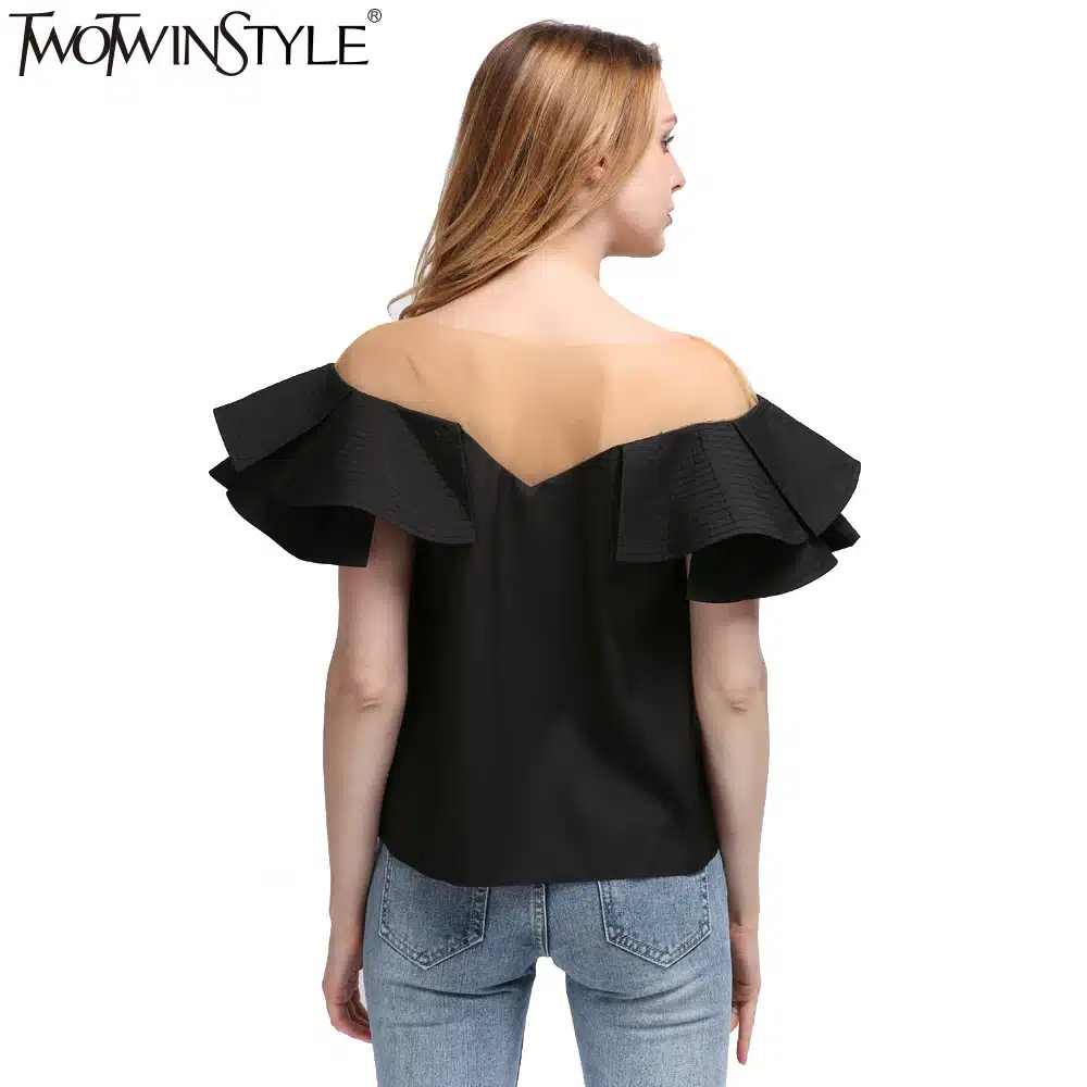 TWOTWINSTYLE 2017 Summer Women Ruffles Short Sleeves Tops T Shirt Sexy Transparent Tulle Slash Neck Tee Female Clothes Korean 21