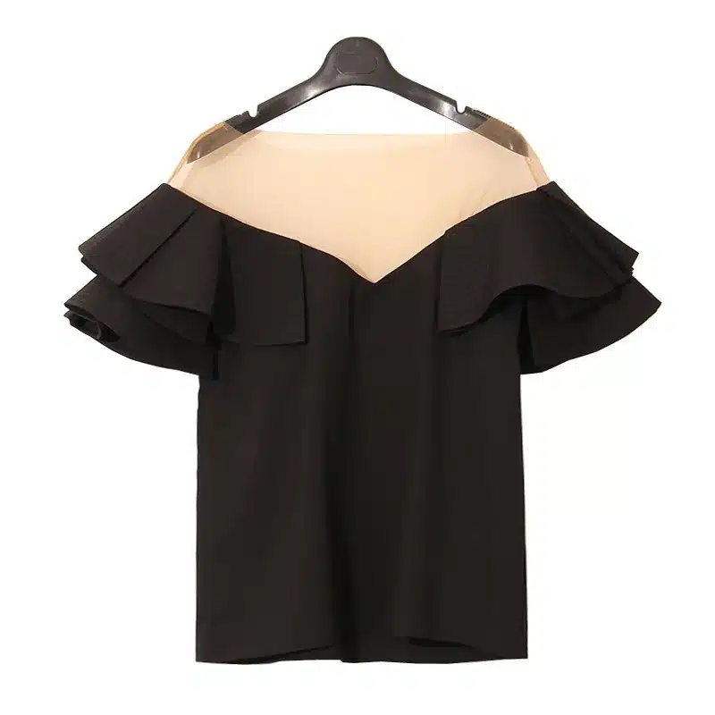TWOTWINSTYLE 2017 Summer Women Ruffles Short Sleeves Tops T Shirt Sexy Transparent Tulle Slash Neck Tee Female Clothes Korean 22