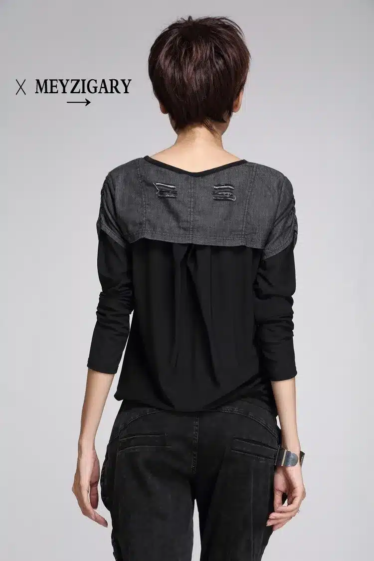 Autumn t shirt fashion sexy lace stitching leather fight personality harajuku long sleeved T-shirt women plus size punk tops 15