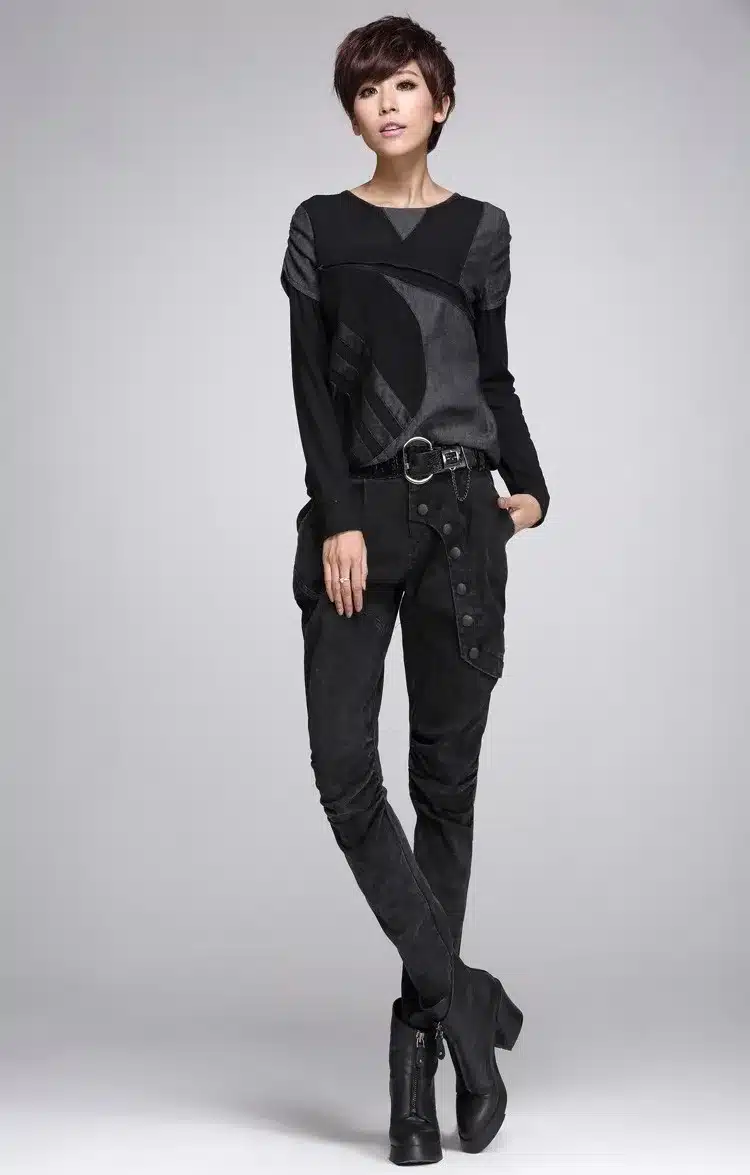 Autumn t shirt fashion sexy lace stitching leather fight personality harajuku long sleeved T-shirt women plus size punk tops 19