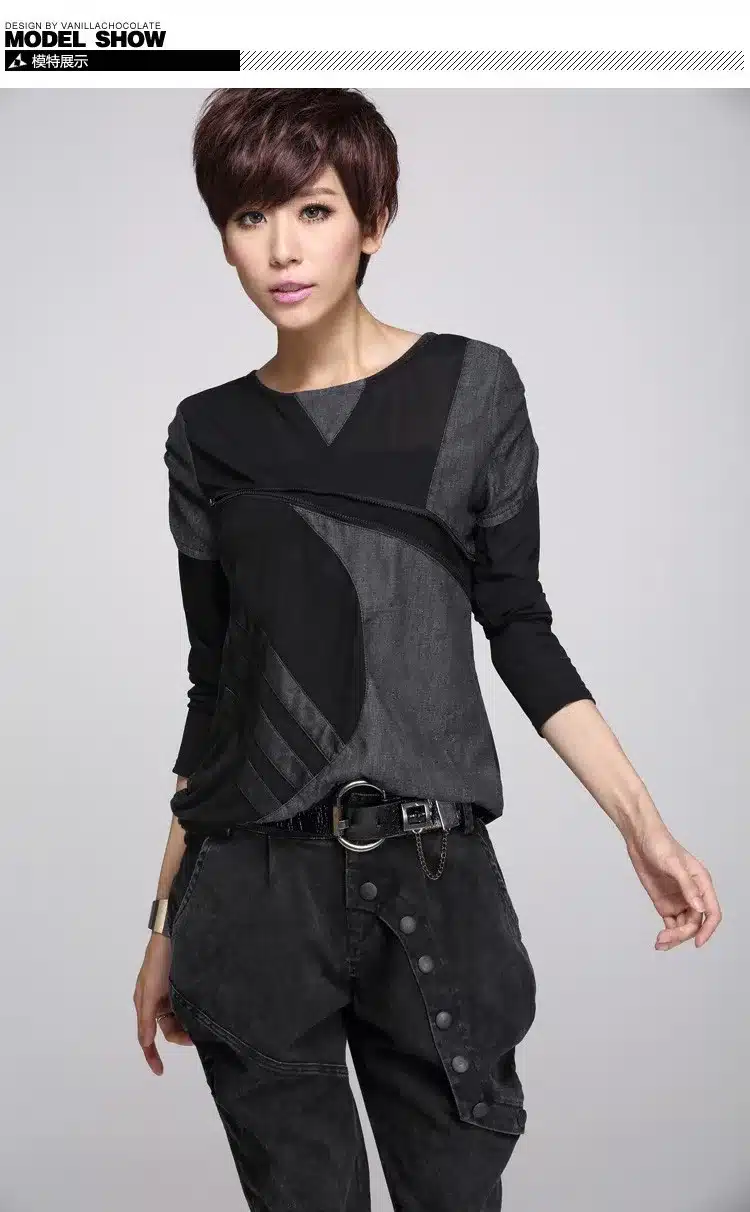 Autumn t shirt fashion sexy lace stitching leather fight personality harajuku long sleeved T-shirt women plus size punk tops 20