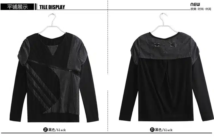 Autumn t shirt fashion sexy lace stitching leather fight personality harajuku long sleeved T-shirt women plus size punk tops 22