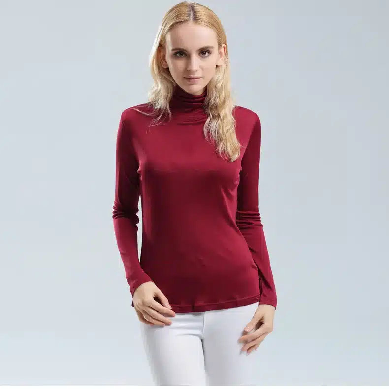 Women T shirt 100%Real Silk Basic Turtleneck long sleeve Bottoming-shirt 2017 FALL WINTER Primer shirt Plus size Spandex top 6