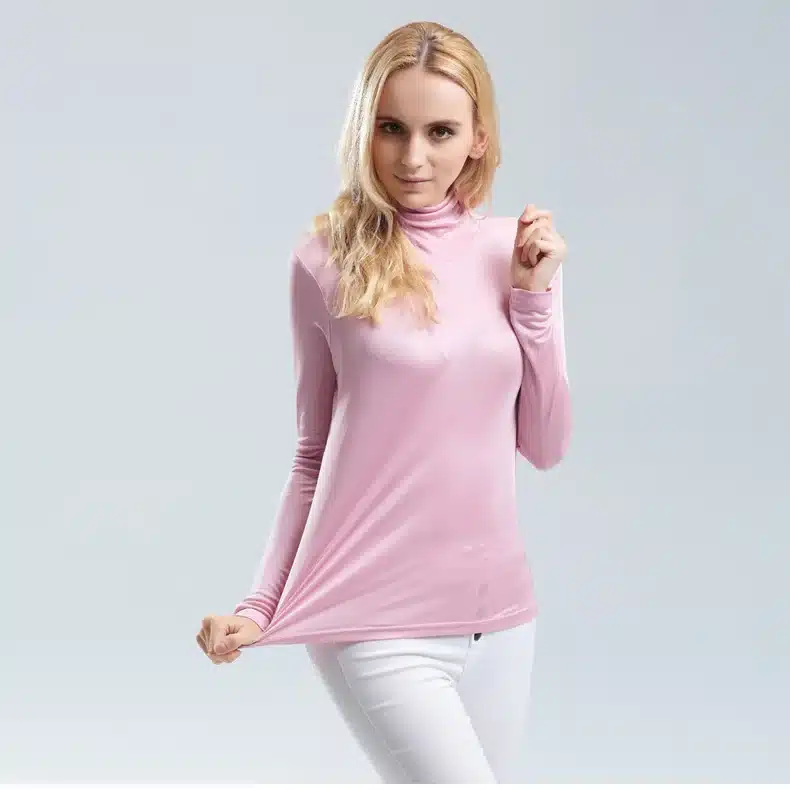 Women T shirt 100%Real Silk Basic Turtleneck long sleeve Bottoming-shirt 2017 FALL WINTER Primer shirt Plus size Spandex top 12