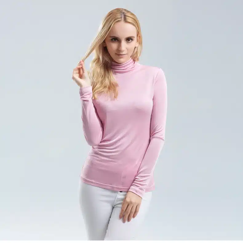 Women T shirt 100%Real Silk Basic Turtleneck long sleeve Bottoming-shirt 2017 FALL WINTER Primer shirt Plus size Spandex top 14