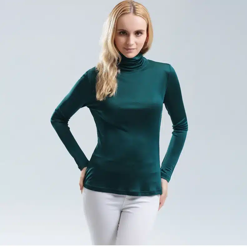 Women T shirt 100%Real Silk Basic Turtleneck long sleeve Bottoming-shirt 2017 FALL WINTER Primer shirt Plus size Spandex top 18