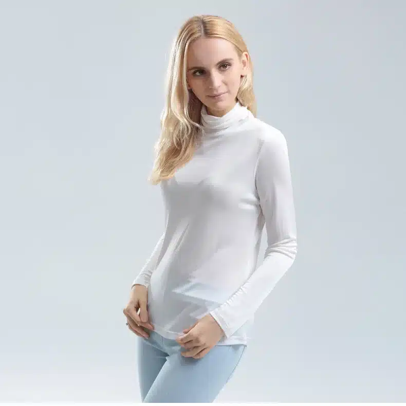 Women T shirt 100%Real Silk Basic Turtleneck long sleeve Bottoming-shirt 2017 FALL WINTER Primer shirt Plus size Spandex top 26