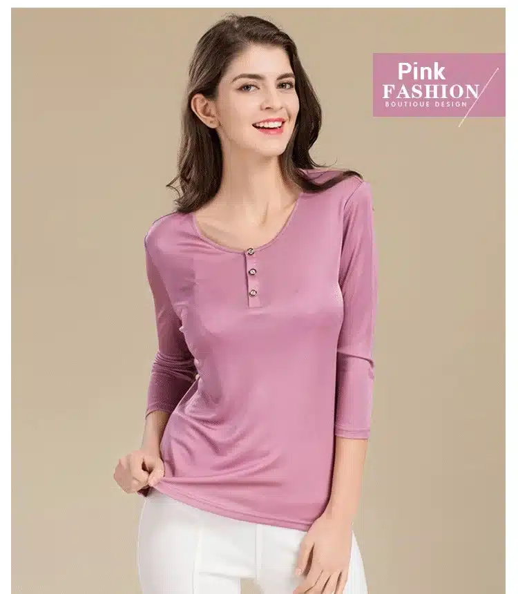 100% Pure Silk Women's T-shirts Femme 3/4 Sleeve Loose Casual Tees Shirt Women Tops Ladies Candy Color Shirts Female T-shirt 6