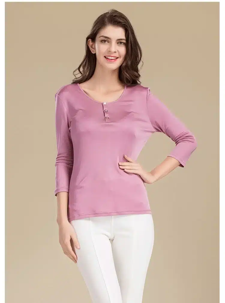 100% Pure Silk Women's T-shirts Femme 3/4 Sleeve Loose Casual Tees Shirt Women Tops Ladies Candy Color Shirts Female T-shirt 7
