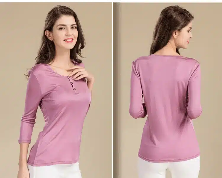 100% Pure Silk Women's T-shirts Femme 3/4 Sleeve Loose Casual Tees Shirt Women Tops Ladies Candy Color Shirts Female T-shirt 8
