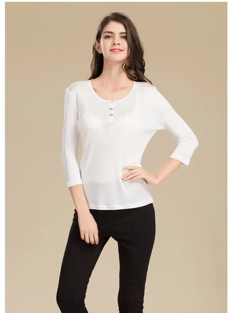 100% Pure Silk Women's T-shirts Femme 3/4 Sleeve Loose Casual Tees Shirt Women Tops Ladies Candy Color Shirts Female T-shirt 10