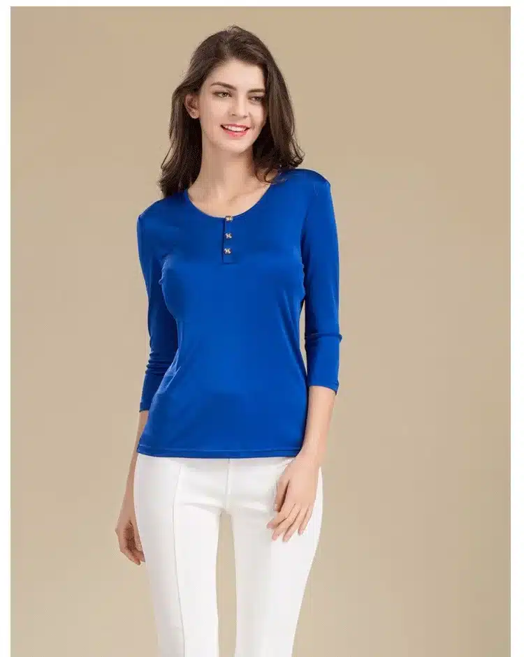 100% Pure Silk Women's T-shirts Femme 3/4 Sleeve Loose Casual Tees Shirt Women Tops Ladies Candy Color Shirts Female T-shirt 13