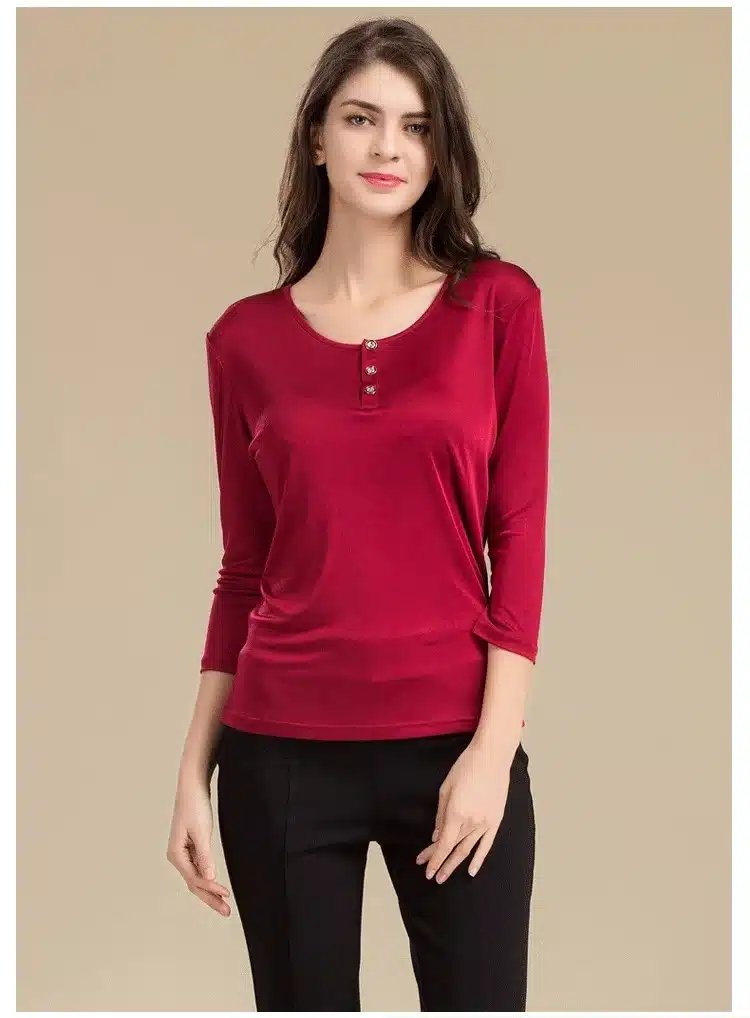 100% Pure Silk Women's T-shirts Femme 3/4 Sleeve Loose Casual Tees Shirt Women Tops Ladies Candy Color Shirts Female T-shirt 16