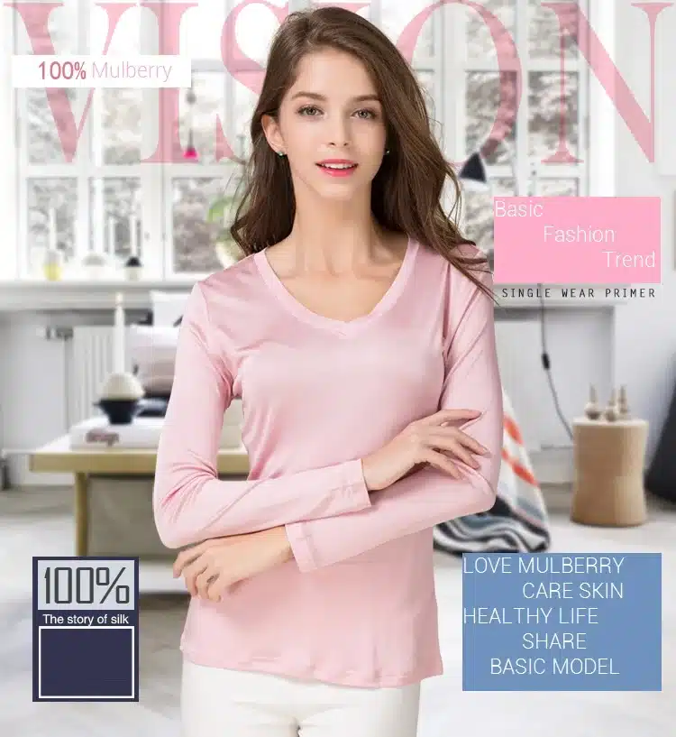 100% Pure Silk Women V Full Sleeve T-Shirts 2016 New Autumn Winter Bottoming Tee Shirt Solid Basic Female Casual V Neck Tops 1