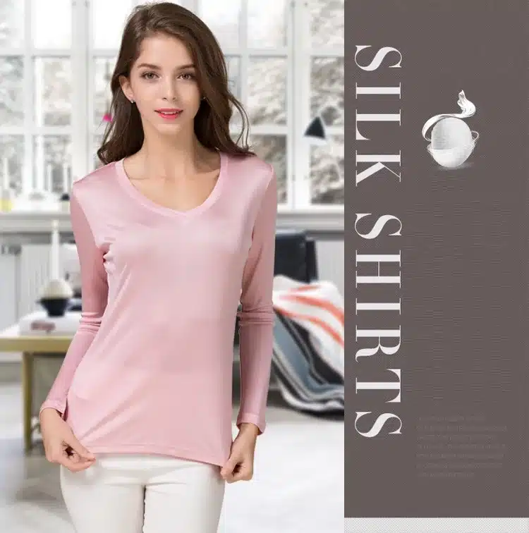 100% Pure Silk Women V Full Sleeve T-Shirts 2016 New Autumn Winter Bottoming Tee Shirt Solid Basic Female Casual V Neck Tops 3