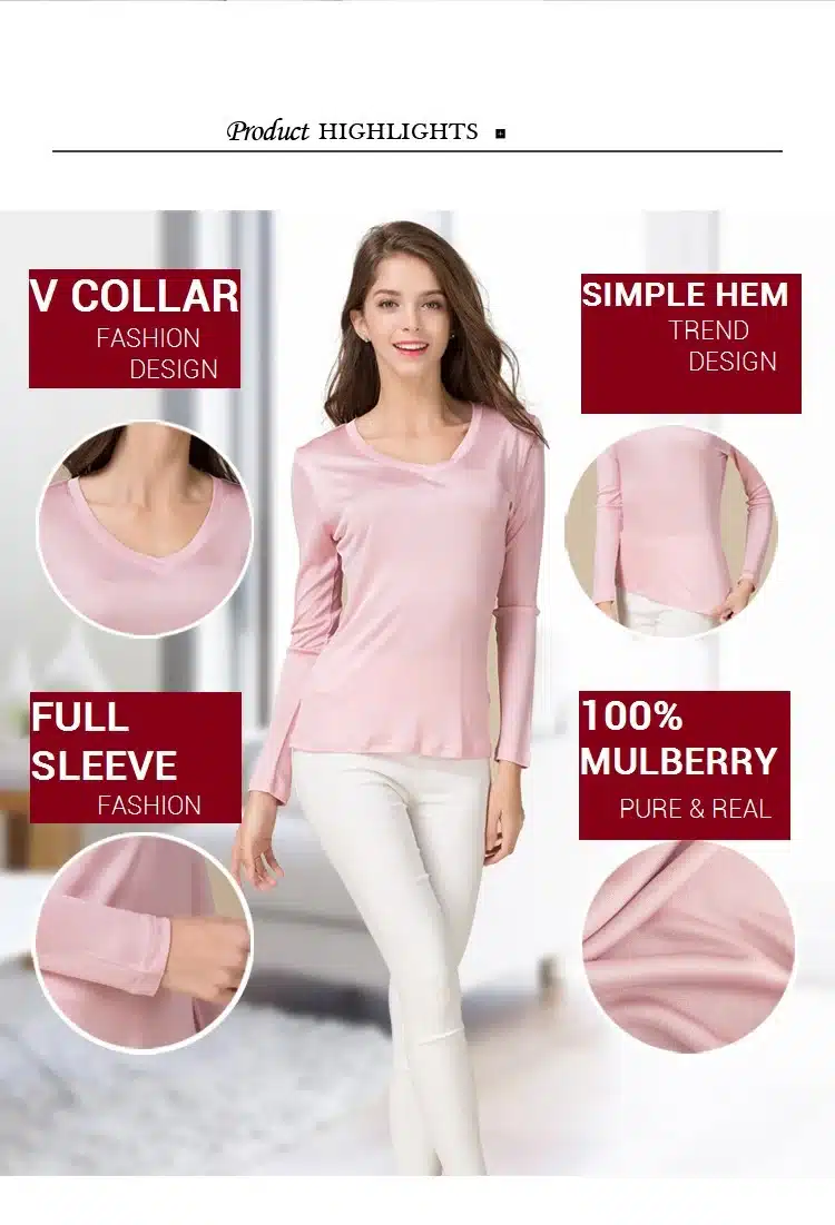 100% Pure Silk Women V Full Sleeve T-Shirts 2016 New Autumn Winter Bottoming Tee Shirt Solid Basic Female Casual V Neck Tops 4