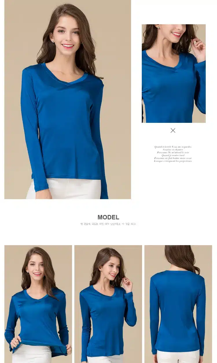 100% Pure Silk Women V Full Sleeve T-Shirts 2016 New Autumn Winter Bottoming Tee Shirt Solid Basic Female Casual V Neck Tops 13