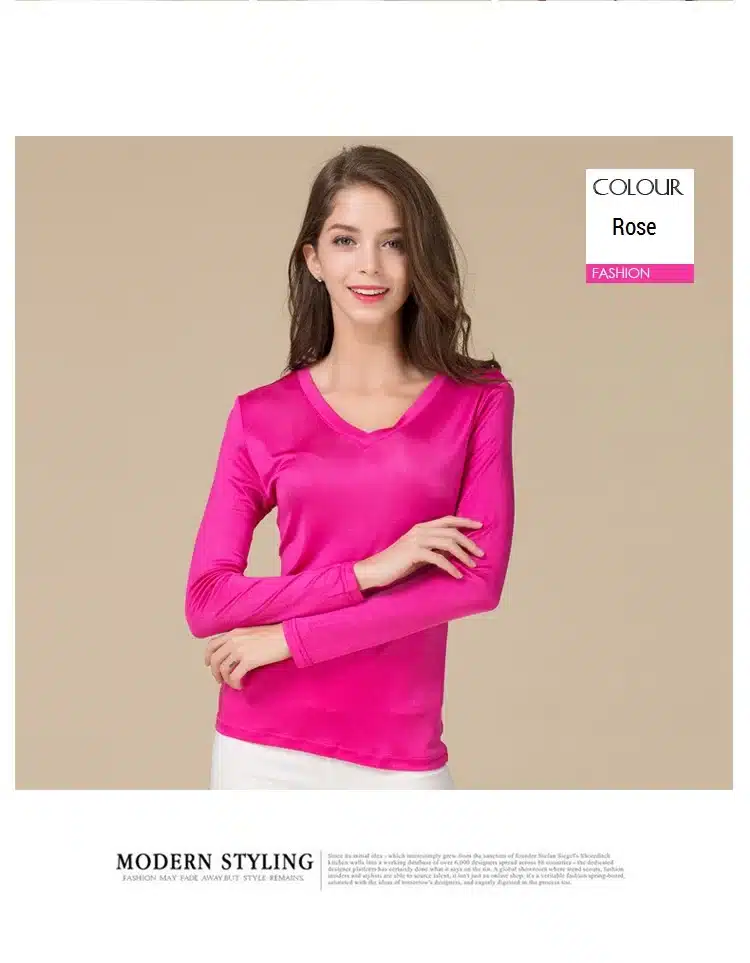 100% Pure Silk Women V Full Sleeve T-Shirts 2016 New Autumn Winter Bottoming Tee Shirt Solid Basic Female Casual V Neck Tops 14