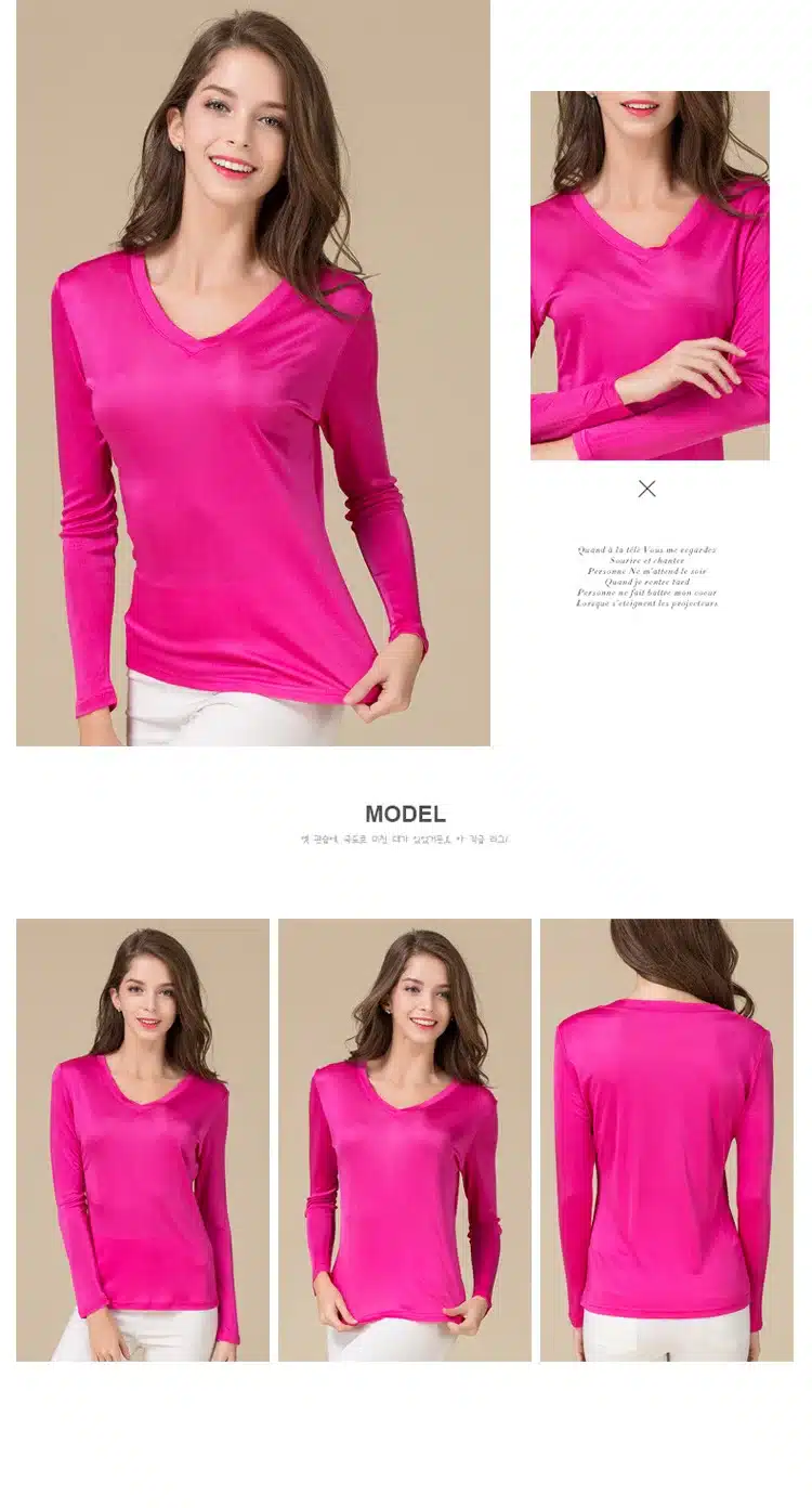 100% Pure Silk Women V Full Sleeve T-Shirts 2016 New Autumn Winter Bottoming Tee Shirt Solid Basic Female Casual V Neck Tops 15