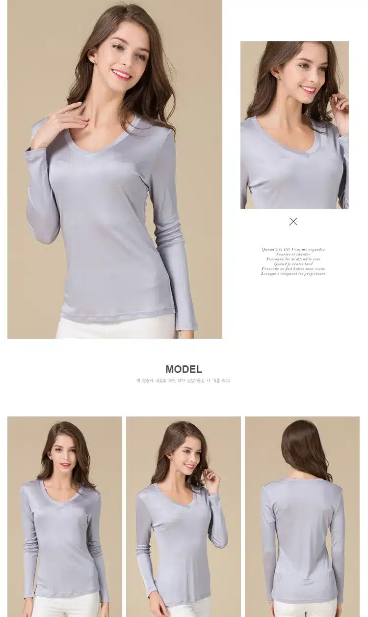 100% Pure Silk Women V Full Sleeve T-Shirts 2016 New Autumn Winter Bottoming Tee Shirt Solid Basic Female Casual V Neck Tops 19