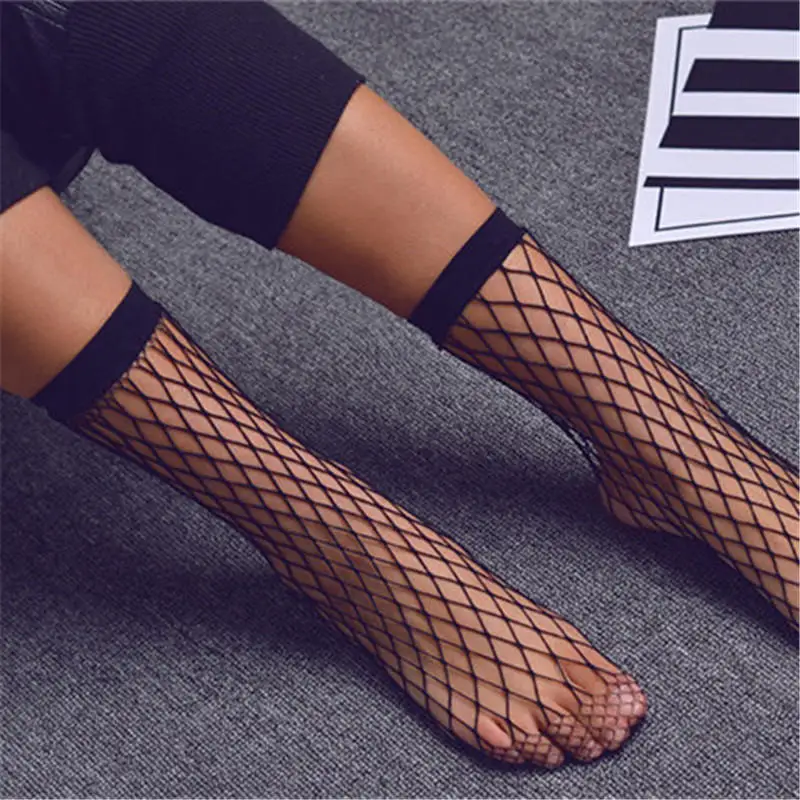 Punk Women Girls Sexy Black Hollow Out Breathable Mesh Fishnet Socks Female Gothic Stretchable Short Hosiery Ankle Socks 11